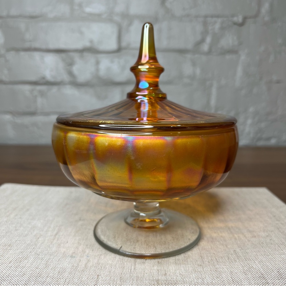 Vintage MCM Marigold Iridescent Carnival Glass Lidded Footed Candy Dish With Lid - Picture 5 of 10
